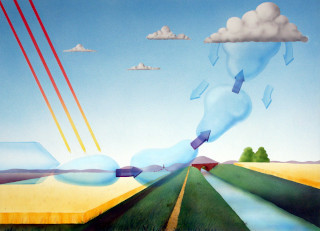 Airbrush auf Karton. Diese Illustration wurde für Schulungsunterlagen für Drachen- und Gleitschirmflieger erstellt. Es verdeutlicht die Entstehung von Thermik im Fach Wetterkunde.